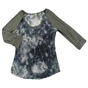 BKE Buckle Women's Sheer Lace 3/4 Sleeve Scoop Neck Keyhole Blue Gray Blouse - S